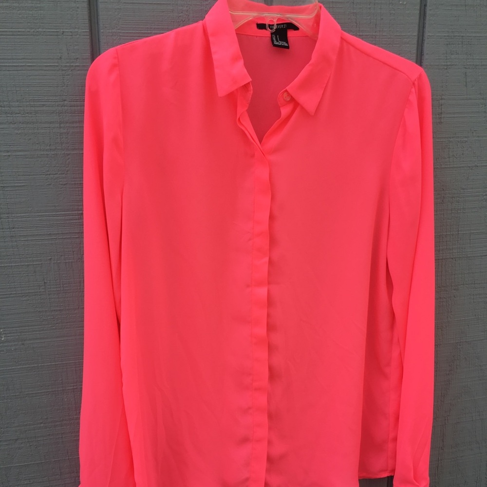 Forever 21 Pink Sheer Long Sleeve Collar Shirt - S